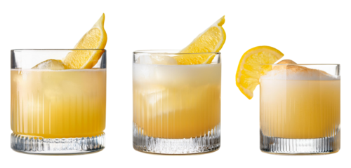 Three refreshing orange cocktails with lemon slices on a white background.