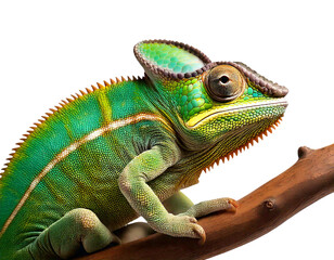 Obraz premium A vibrant green chameleon perched on a branch, showcasing unique colors and textures against a white background.