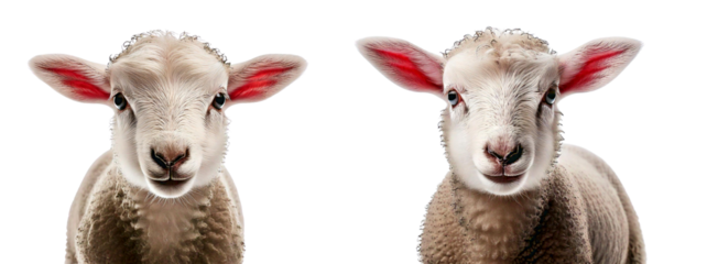 Two curious lambs looking directly at the camera, white isolated background.