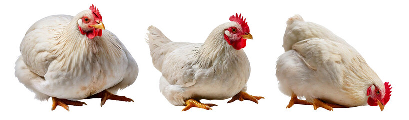 Fototapeta premium Three white chickens on a white isolated background, showcasing their unique postures and features.