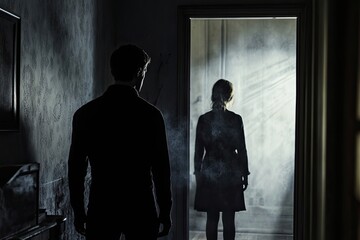 Silhouetted figures stand in a dimly lit room, one facing away and the other seen through a doorway.
