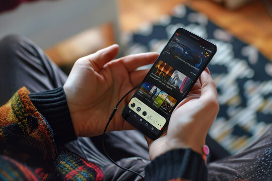 Close-up of hands holding smartphone, selecting favorite songs for personalized playlist on streaming app
