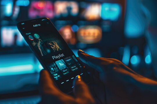 Person tapping "Add to Playlist" on music app, multiple genres visible in app interface