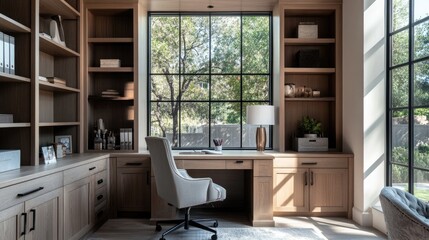 A sleek home office with custom wooden built-ins