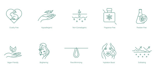 Cruelty-Free, Hypoallergenic, Non-Comedogenic, Fragrance-Free, Paraben-Free, Wrinkle-Friendly, Brightening, Pore Minimizing, Hydration Boost, Exfoliating Icon Set