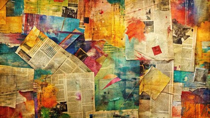 Fototapeta premium A Vibrant Tapestry of Overlapping Newspaper Pages and Abstract Watercolor Splashes, Creating a Chaotic and Evocative Artistic Expression
