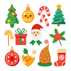 Festive Christmas Scene: Snowman, Santa, Tree, Gifts & Ornaments on White Background