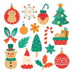 Festive Christmas Scene: Snowman, Santa, Tree, Gifts & Ornaments on White Background