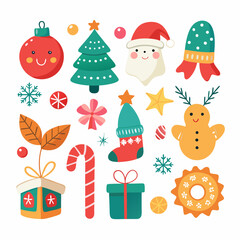 Festive Christmas Scene: Snowman, Santa, Tree, Gifts & Ornaments on White Background"