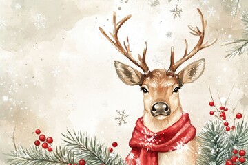 Fototapeta premium Reindeer with snowflakes and pine branches, wearing a festive scarf