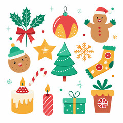 Festive Christmas Scene: Snowman, Santa, Tree, Gifts & Ornaments on White Background