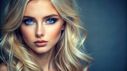 Fototapeta premium A Close-Up Portrait of a Woman with Blond Hair and Blue Eyes, Illuminated by a Soft Light, Capturing the Beauty of her Youthful Features