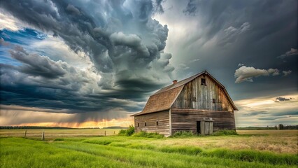 Obraz premium A weathered wooden barn stands solitary in a vast grassy field beneath a sky of dramatic, swirling storm clouds, a golden sunset peeking through the edges of the ominous grey