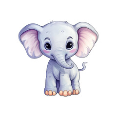 Fototapeta premium A smiling gray elephant is sitting down. Suitable for children's books, greeting cards, and cute animal designs. Generative AI