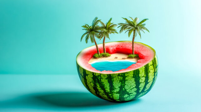 Watermelon transforming into tropical island paradise with palm trees
