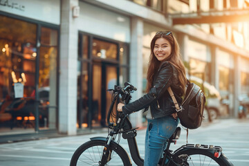 Young woman folding her e-bike near office entrance, smiling, modern urban environment