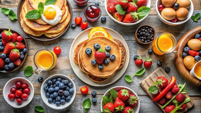 A vibrant spread of breakfast delights, featuring fluffy pancakes, fresh berries, and a medley of colorful fruit, all presented on a rustic wooden table.
