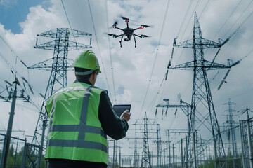 Technician controlling drone near high-voltage power lines, focusing on inspection screen, electrical towers