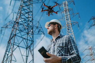 Technician controlling drone near high-voltage power lines, focusing on inspection screen, electrical towers