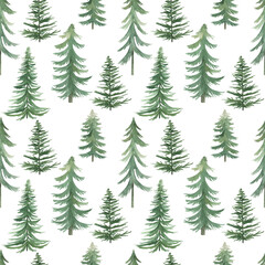 Obraz premium Christmas watercolor pattern with spruce, fir-trees. Winter nature seamless print. Hand drawn illustration on white background