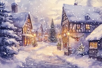 Fototapeta premium Festive lanterns and Christmas trees in a snowy village