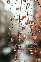 Water Droplets on a Branch with a Blurry Background
