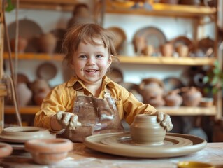 Joyful Child Engaged in Pottery Class