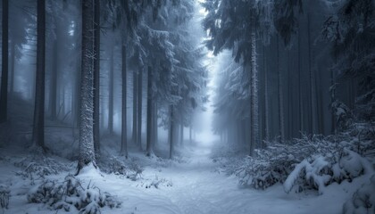 A snow-covered path leads through a dense, misty forest.