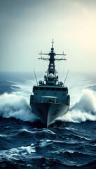 A naval ship cutting through rough ocean waters during a dramatic storm, showcasing its power and resilience against the elements, perfect for maritime and adventure themes.