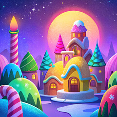 Fototapeta premium Gingerbread Village, delicious toy dessert with Christmas theme. A whimsical village made entirely of gingerbread houses, candy cane lamp posts, frosting snow. Flat cartoon grunge style illustration.