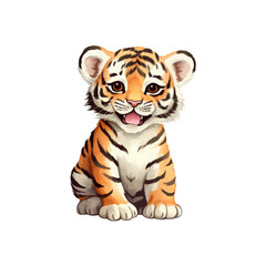 Fototapeta premium A smiling baby tiger is sitting. Perfect for wildlife conservation, children's books, or educational materials. Generative AI