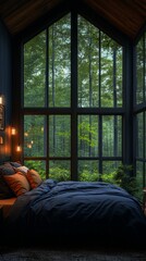 Fototapeta premium A bedroom with a large window overlooking a forest