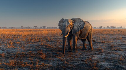Fototapeta premium Elephant in Barren Landscape at Sunset