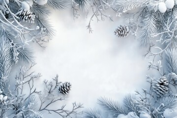 Frost flowers and pine branches form a winter border