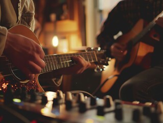 Two Musicians Playing Acoustic Guitars Close-Up