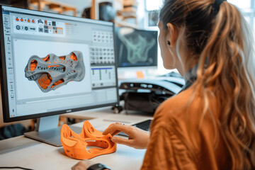 Person reviewing 3D-printed prototype, providing feedback, computer screen displaying product details