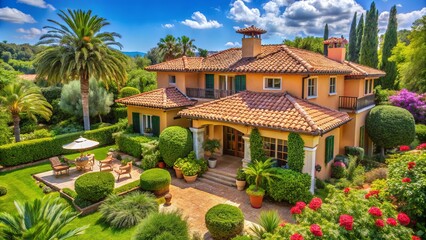 A terracotta roofed villa nestled amidst lush greenery, showcasing the beauty of a meticulously designed landscape with flowering shrubs and a quaint outdoor seating area.
