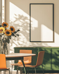 Dining room table in an art deco-style home, featuring green metal cabinets and chairs with orange accents