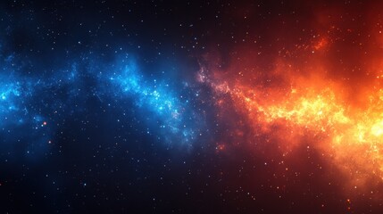 A vibrant cosmic scene showcasing swirling blue and orange nebulae in a starry background.