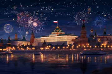 Fototapeta premium Fireworks over Red Square and the Historical Museum in Moscow.