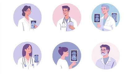 a set of illustrated avatars in circular frames showcasing diverse radiologists. One radiologist wears a lab coat holding an x-ray