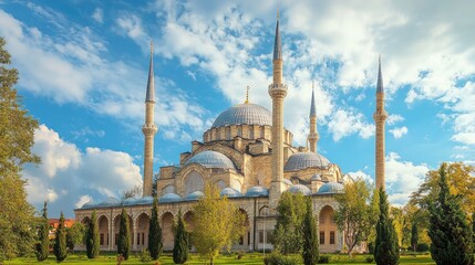 Obraz premium An ornate mosque with multiple domes and minarets against a backdrop of a bright blue sky and white clouds.