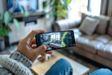 Person sitting on a couch, intently adjusting home security cameras through smartphone app interface