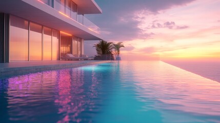 Elegant villa with clear windows and a glowing swimming pool at dusk, multicolored LED lights illuminating the water
