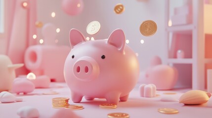 Cute 3D Pink Piggy Bank with Gold Coins Dropping In