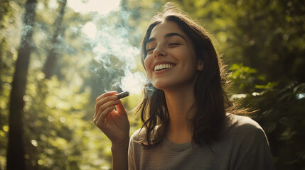 Happy young woman smoking in the forest
