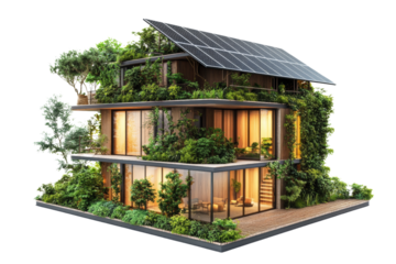Sustainable house design featuring greenery, solar panels, and modern architecture on a white isolated background.