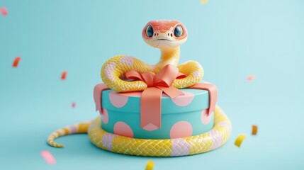 Obraz premium Colorful 3D Snake Coiled Around Gift Box 