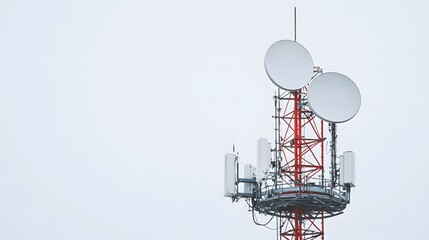 Antenna tower of telecommunication featuring TV and wireless internet antennas along with a phone base station