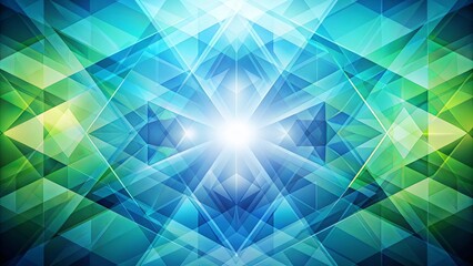 Abstract Geometric Composition of Intersecting Triangles in Shades of Blue and Green with a Bright Central Point of Light